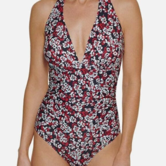 NWT! Tommy Hilfiger Multi Color Floral Halter Slimming One Piece Swimsuit NEW! - Picture 2 of 5
